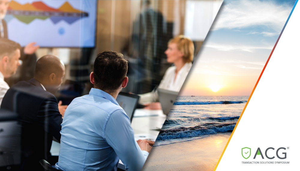 image of people in conference room next to image of beach with ACG Transactions Symposium logo