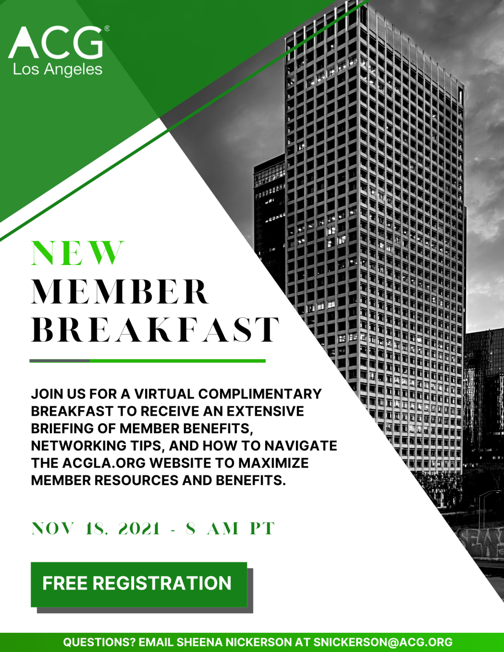 An event flyer for ACG LA November New Member Breakfast