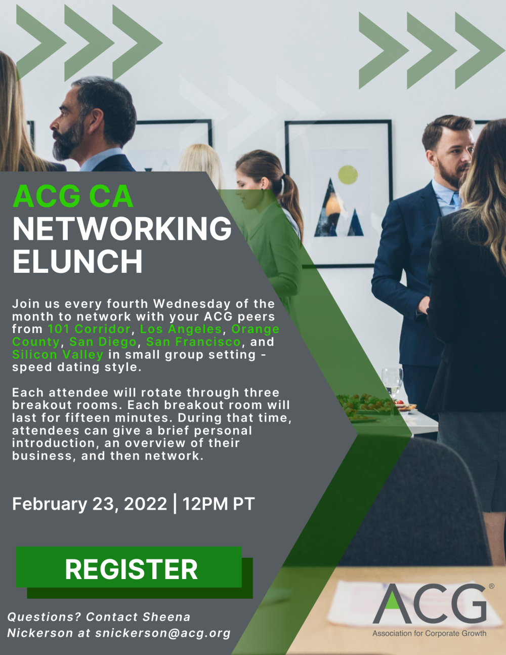 A gray and green event flyer for the February 2022 ACG CA Networking eLunch