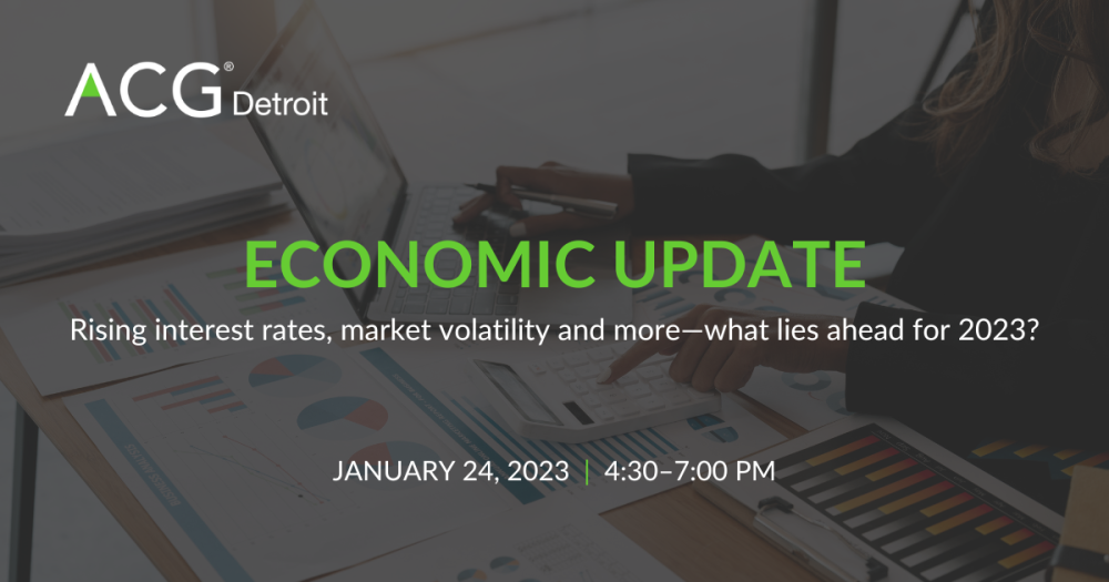 Economic Update text over image of a person with a calculator & graphs