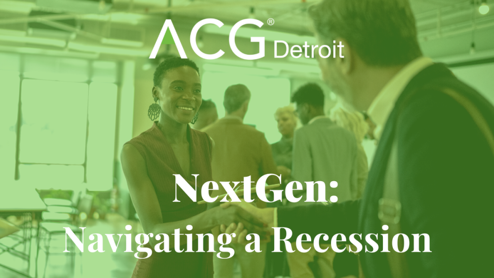 Photo of a younger woman & man shaking hands w/ NextGen: Navigating a Recession text over photo