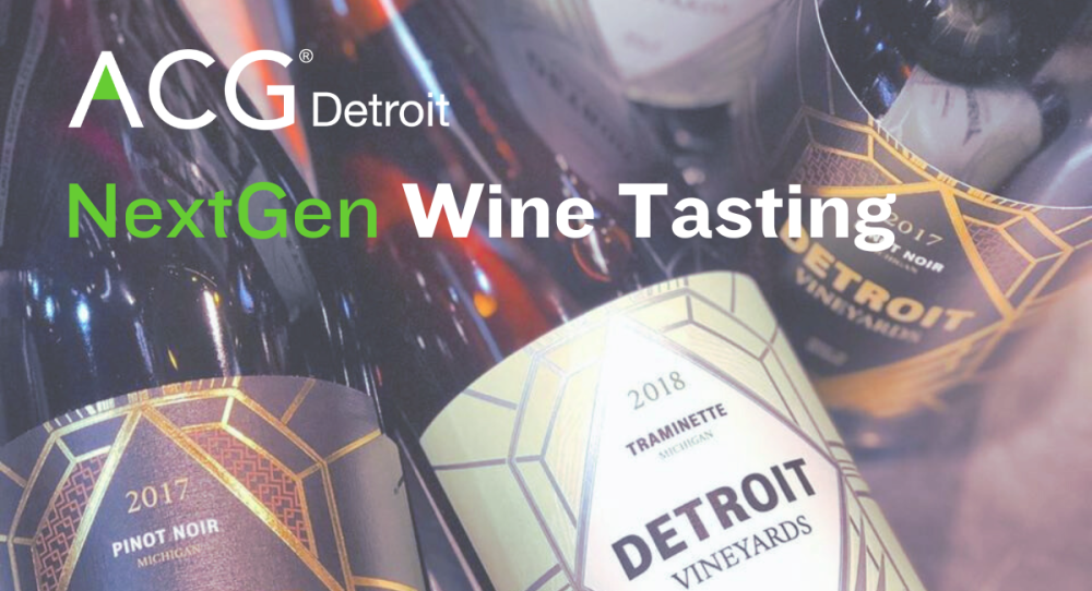 NextGen Wine Tasting banner with photos of Detroit Vineyards wine bottles