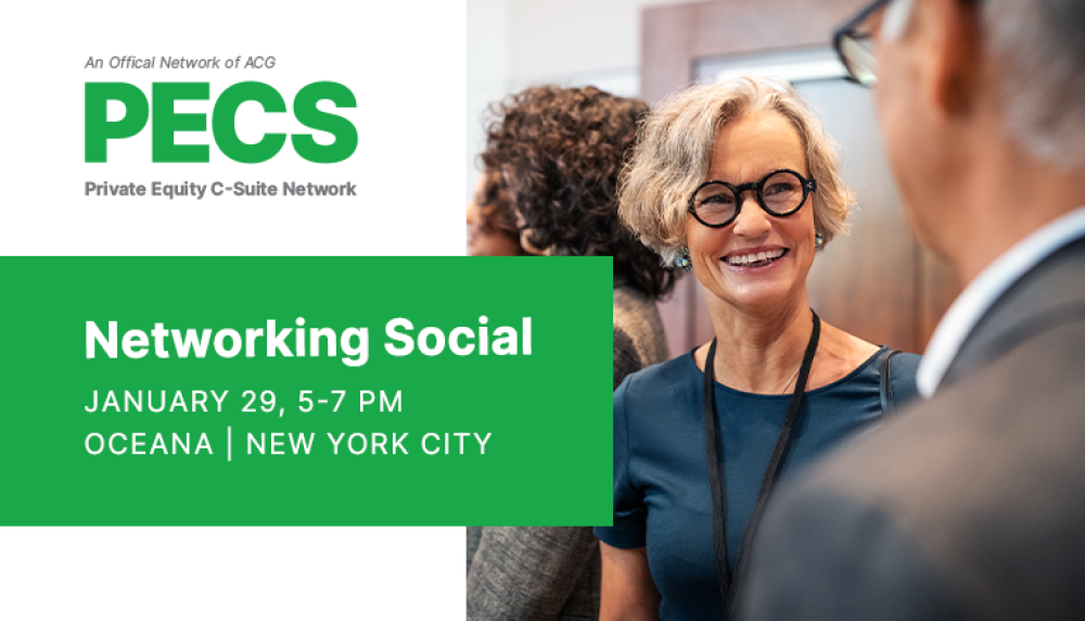 Graphic that says Networking Social January 28, 5 - 7.m. OCEANA | New York City with a woman smiling and talking to a man.