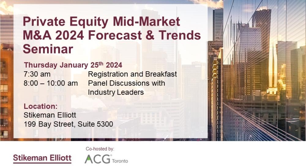 Register now for one of our most popular annual events, which always sells out in advance. Join us for breakfast, coffee and a review of the year ahead for the mid-market M&A sectors. Presentations will feature two moderated panels representing U.S. and Canadian Private Equity and Investment Bank organizations, providing insights on the 2024 market opportunities and challenges.