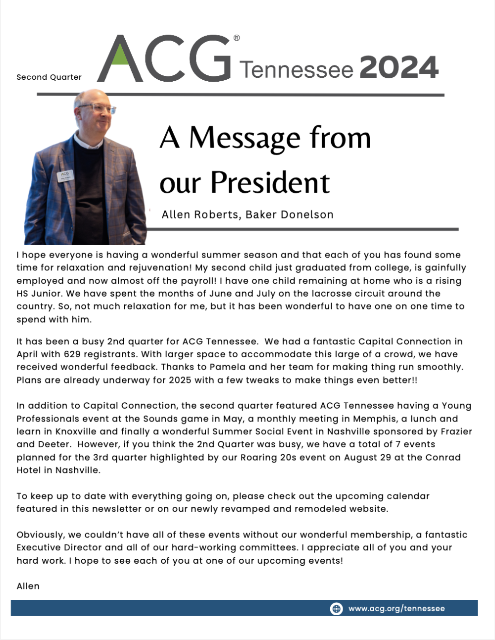 First page of the 2024 second quarter newsletter for ACG TN