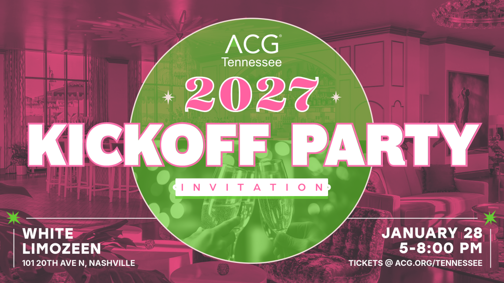 ACG Tennessee 2027 Kickoff Party invitation with a pink-and-green design, champagne glasses, and White Limozeen’s lounge interior. January 28, 2027, 5–8 PM at White Limozeen, 101 20th Ave N, Nashville. Tickets at acg.org/tennessee.