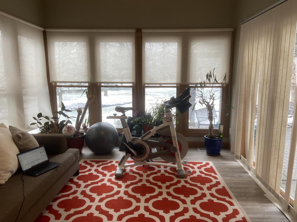 sun room with windows and exercise bike
